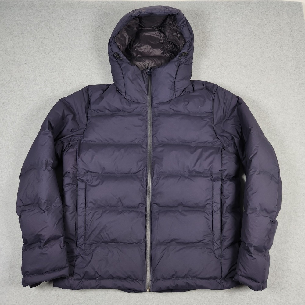 Uniqlo Puffer Jacket Mens Large Navy Blue Seamless Down Parka Brimmed Hood